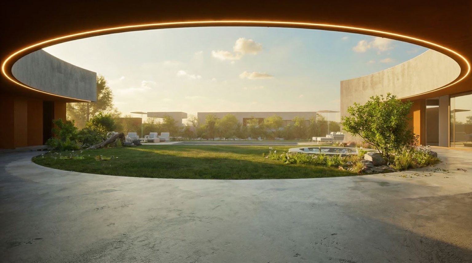 Pátio circular com jardim e iluminação integrada