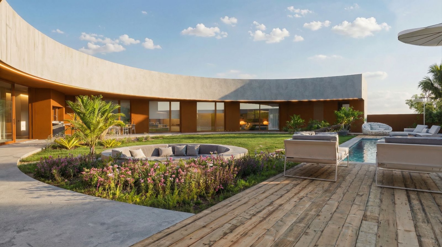 Jardim e piscina de uma residência Zimbral Villas