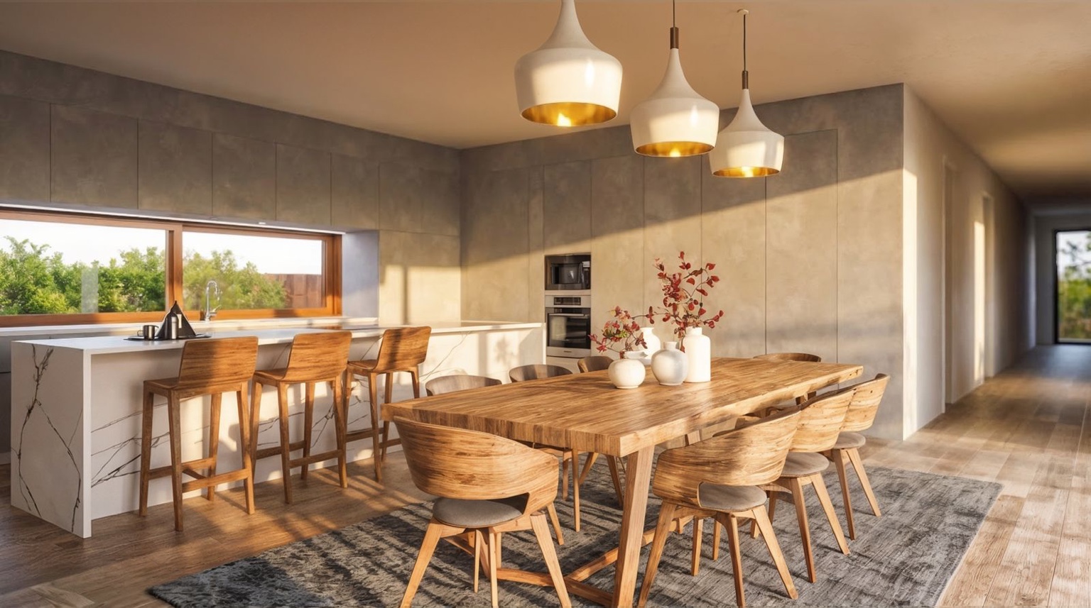 Cozinha e sala de jantar contemporâneas abertas ao jardim