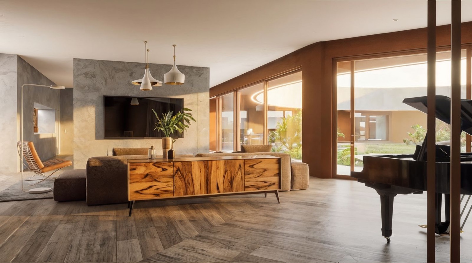 Sala de estar com piano e vista para o pátio