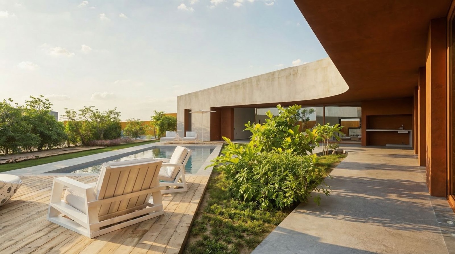 Terraço coberto junto à piscina e ao jardim